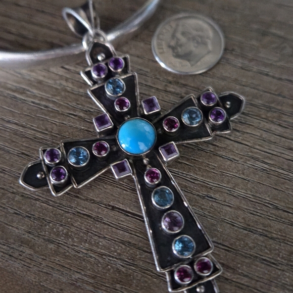Nicky Butler 925 Sterling Silver Cross Necklace Pendant Turquoise Topaz Vintage - Picture 6 of 16